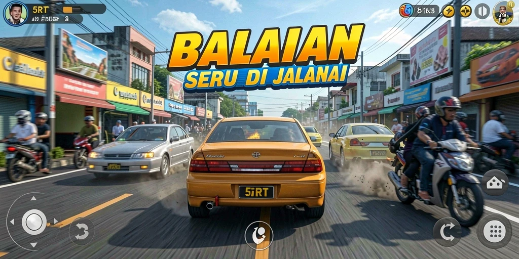 Screenshot utama 5RT menampilkan aksi balapan yang mendebarkan di jalanan.