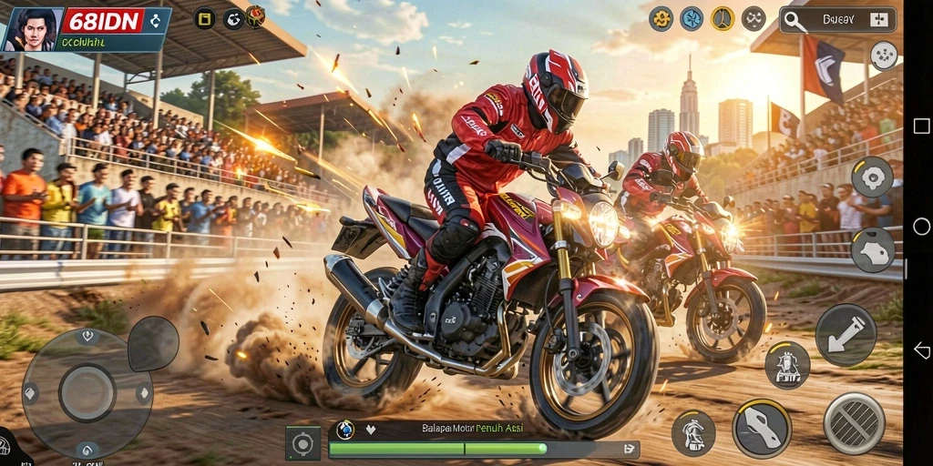 Gameplay seru dalam 68IDN saat membalap di lintasan yang menantang.