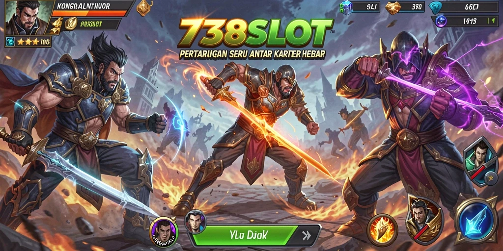 Tangkapan layar gameplay <strong>738SLOT</strong> yang menampilkan pertarungan seru antara karakter-karakter hebat.