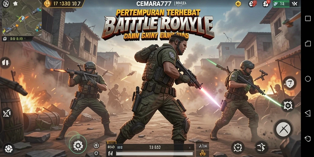 Screenshot utama CEMARA777 menunjukkan gameplay Battle Royale yang mendebarkan.