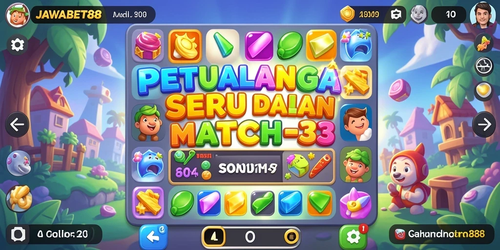 Screenshot utama JAWABET88 menampilkan aksi gameplay Match-3 yang mengasyikkan.