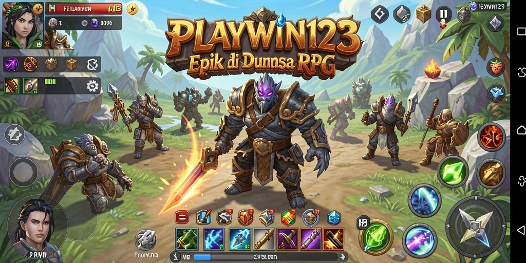 Screenshot gameplay menunjukkan pertarungan seru dan pemandangan indah dalam PLAYWIN123.