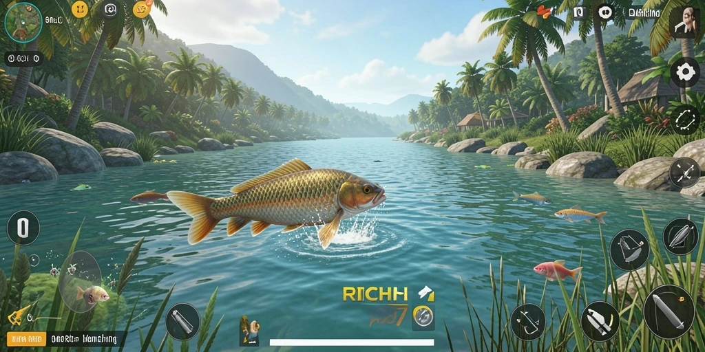 Screenshot gameplay RICH7 menampilkan saat menangkap ikan di laut yang indah.