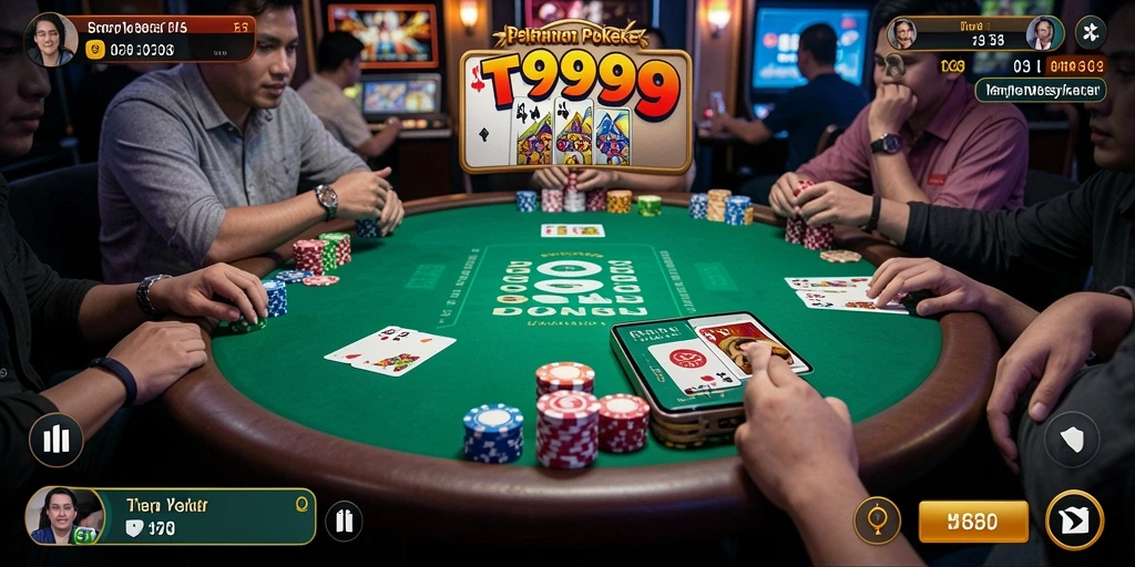 Screenshot gameplay T9999 menampilkan suasana permainan Poker yang seru.