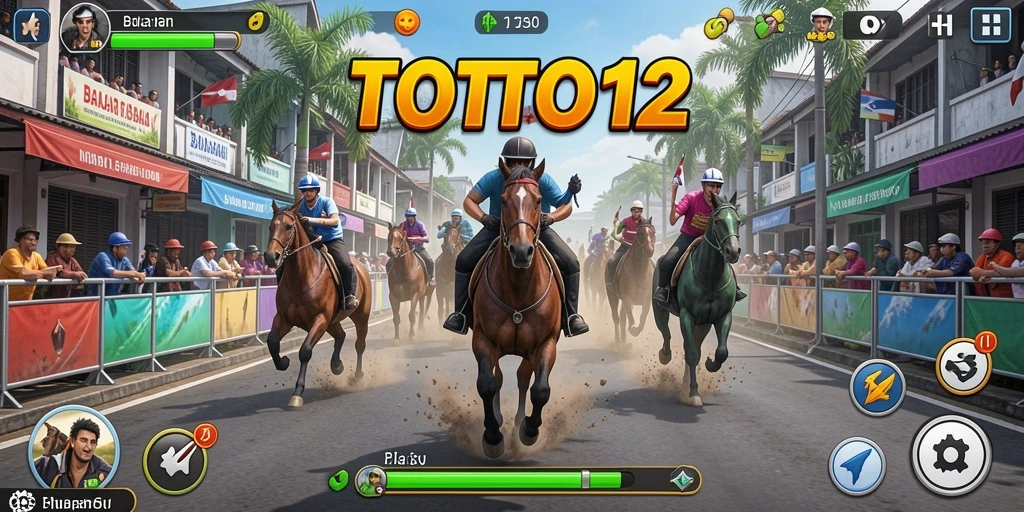 Tangkapan layar gameplay TOTO12 yang menampilkan aksi balapan mendebarkan.